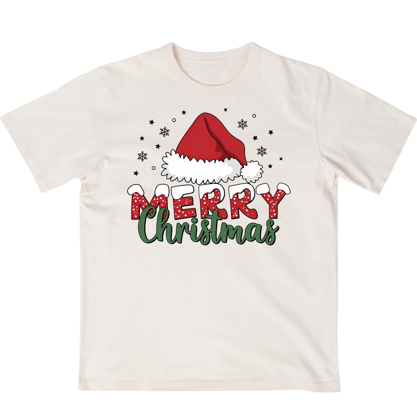 Merry Christmas santa hat and snowflakes - T-shirt